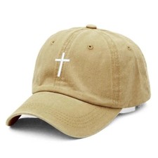 Beige Cross Embroidered Christian Baseball Cap, Washed, Adjustable Hat, Jesus