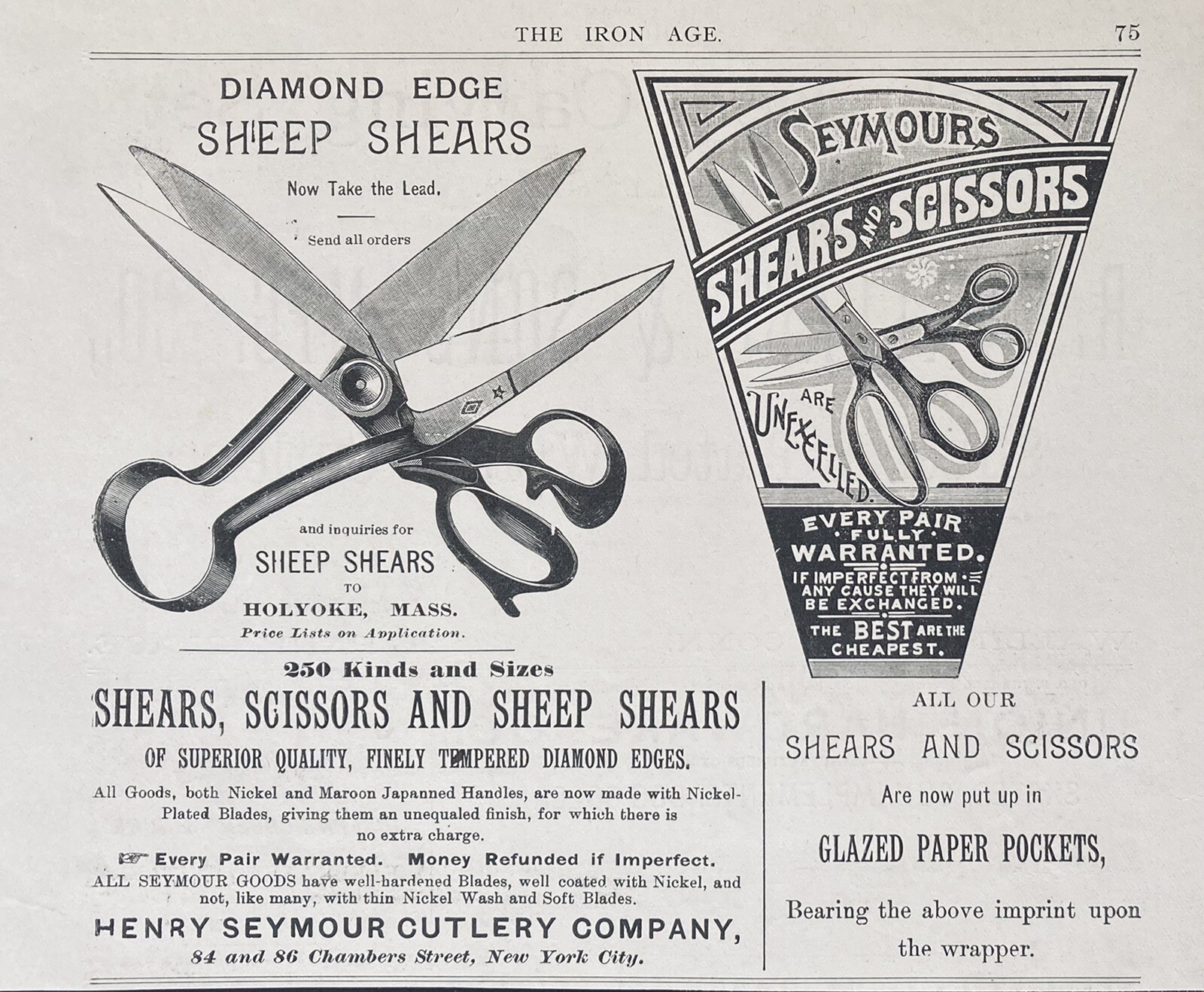 1888 AD(XH6)H. SEYMOUR CUTLERY CO. NYC. DIAMOND EDGE SHEARS AND