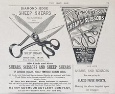 1888 AD(XH6)~H. SEYMOUR CUTLERY CO. NYC. DIAMOND EDGE SHEARS AND SCISSORS