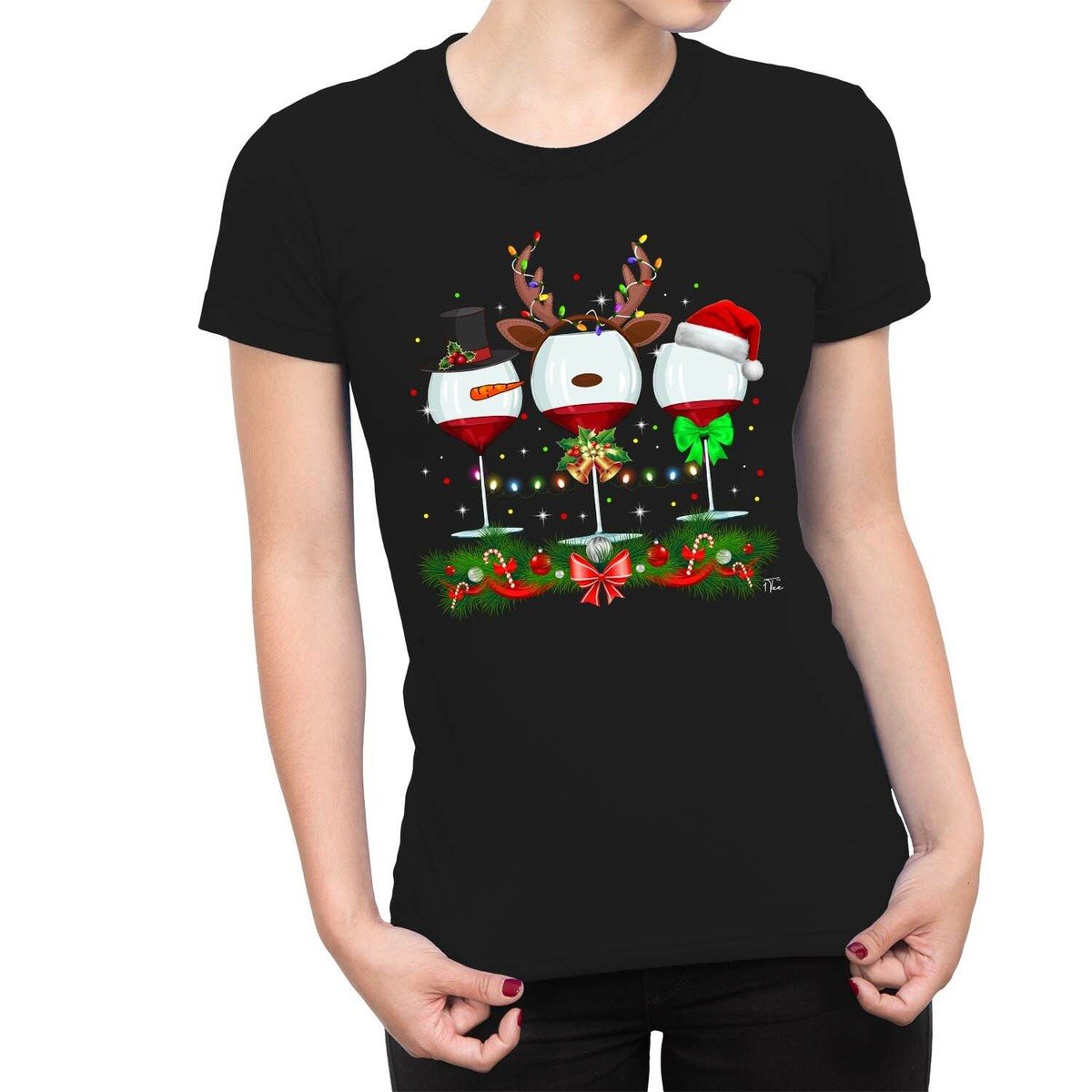 Maycaur Women Casual Christmas Wine Glass Printed Women T-shirt Loose O-neck Top - Foto 6