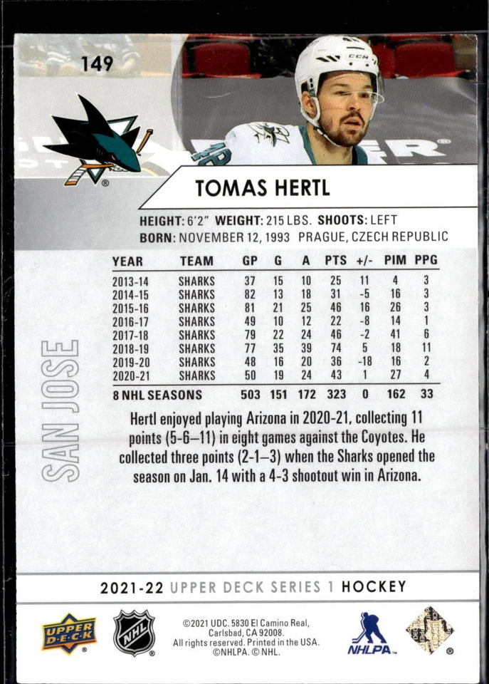 2021-22 Upper Deck #149 Tomas Hertl - Image 2 of 2
