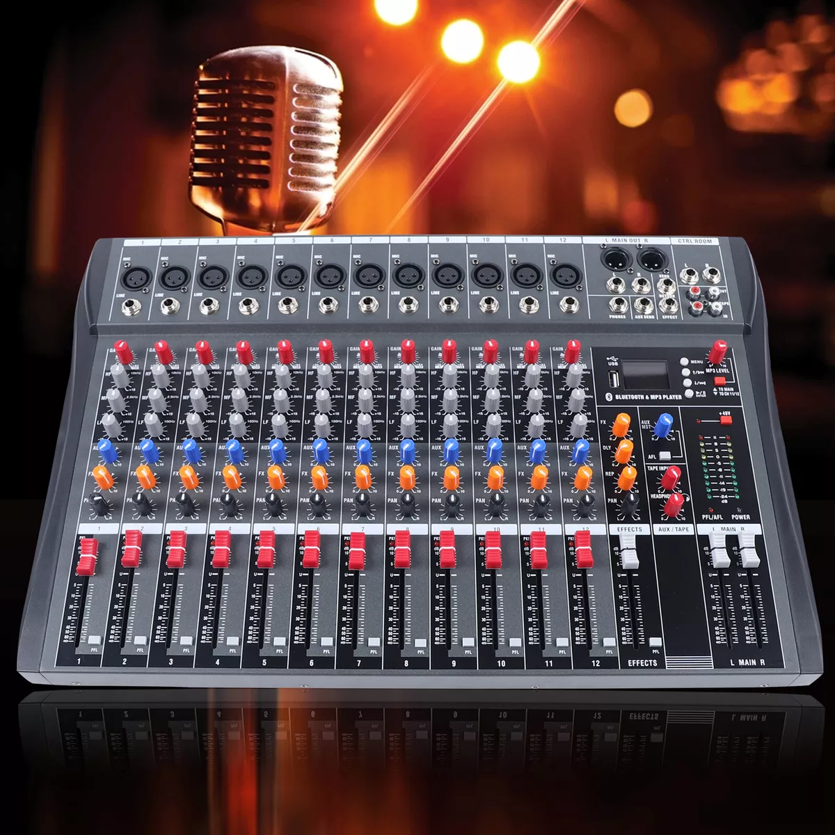  Audio Mixer 16 Channel Bluetooth Live Studio LED Display  Professional USB Mixing Console with 3-Band EQ Sound Board Console DJ Studio  Audio Mixer for PC Recording Music (16 Channel) : Musical Instruments