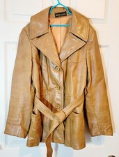 Vintage ILGWU Leather Coat Jacket Camel Honey Belted Size 13 Made in USA union