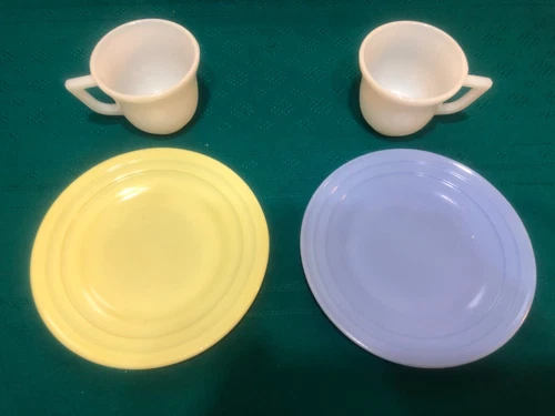 Vintage 1940s kids play dishes milkglass white cups yelllow & blue glass plates