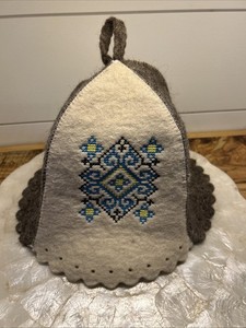 Ukrainian Wool Sauna Hat for Men and Women Ornament Blue Protect Hair - Sauna...