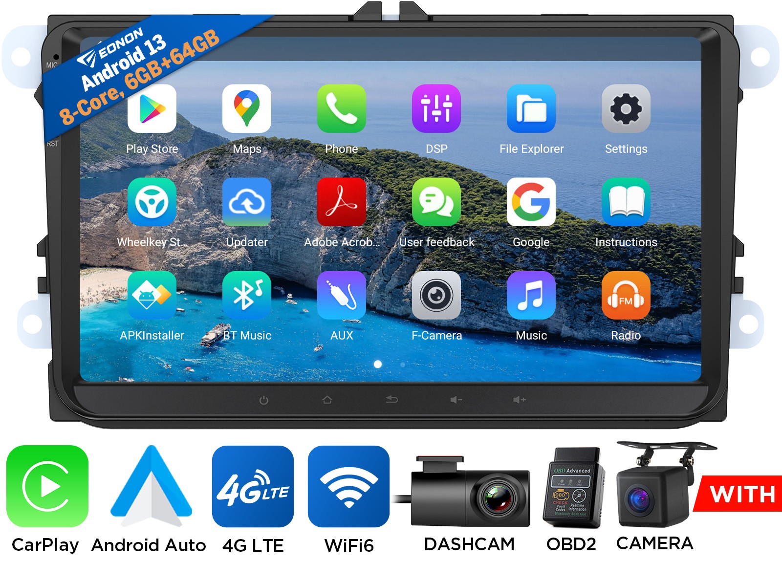 OBD+DVR+CAM+CarPlay Car Stereo Radio GPS Android 13 6+64