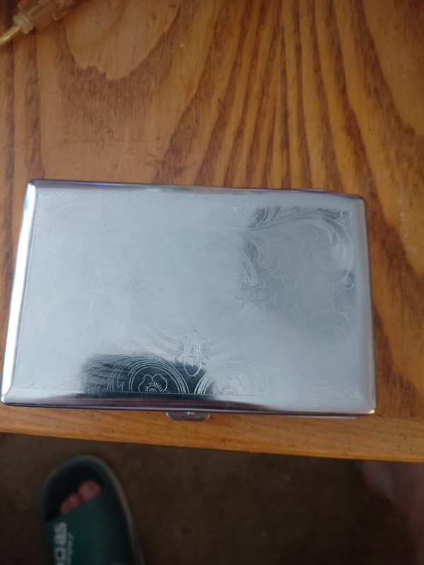 Silver Tone Engraved Metal Hinged Cigarette Case with Interior Divider