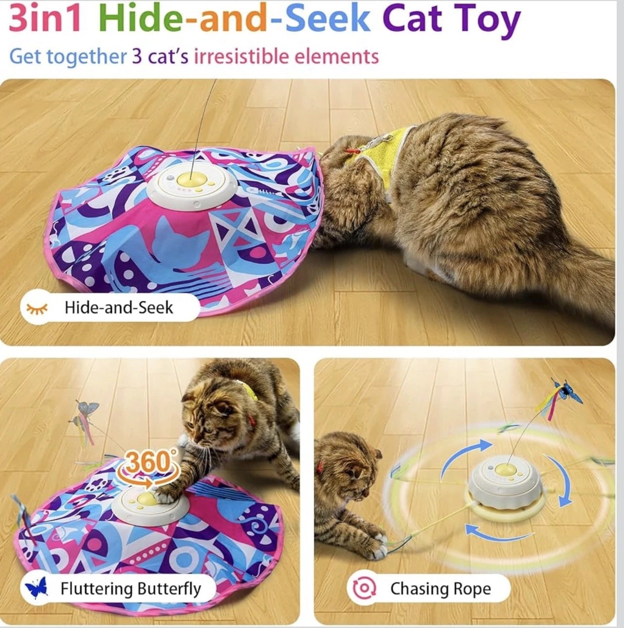 Rechargeable Cat Toy 3 in 1 Electric Automatic Toy Cats Timer Sensor Hide & Seek
