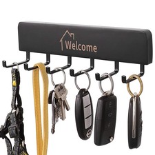 Wooden Key Holder with Metal Hooks,No Drill Adhesive  Screws, Dog Leash Hold...