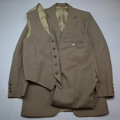 Vtg 70s 80s 3 Piece 36R 30x32 Khaki Vest Flare Bell Bottom Jacket Pants Suit - Image 1 of 4