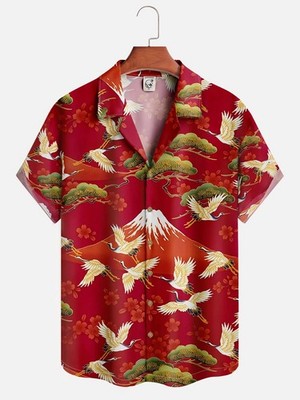 Botanical Ukiyo-e Crane Hawaiian Shirt