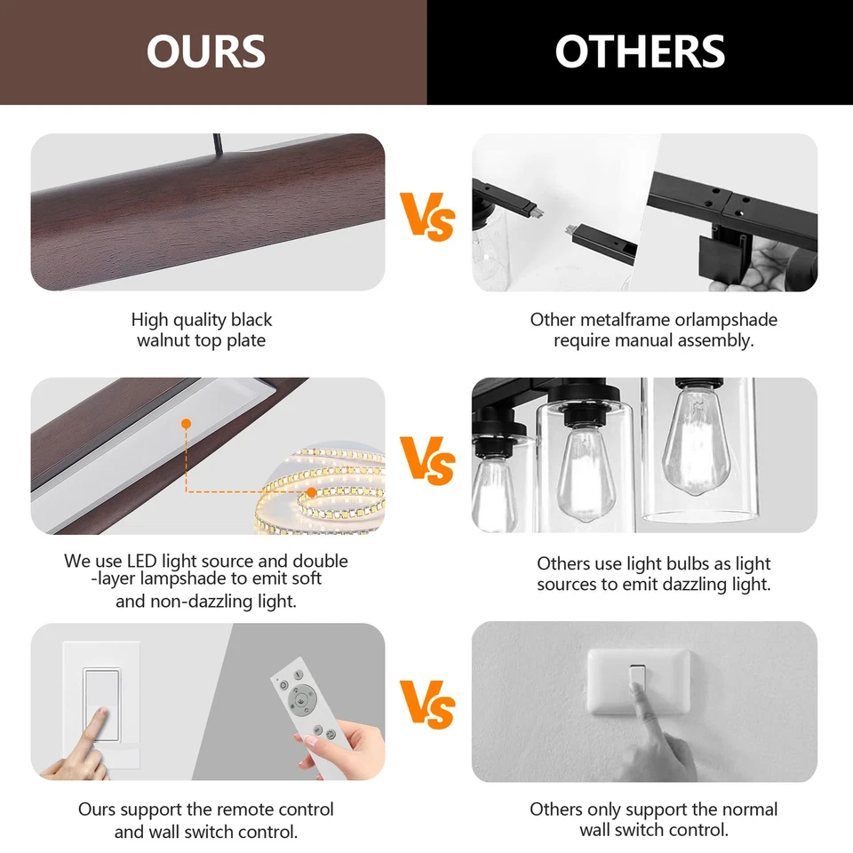 51" Walnut Wood Pendant Light Modern LED Hanging Lamp Chandelier Fixtures Remote - Image 4 of 4