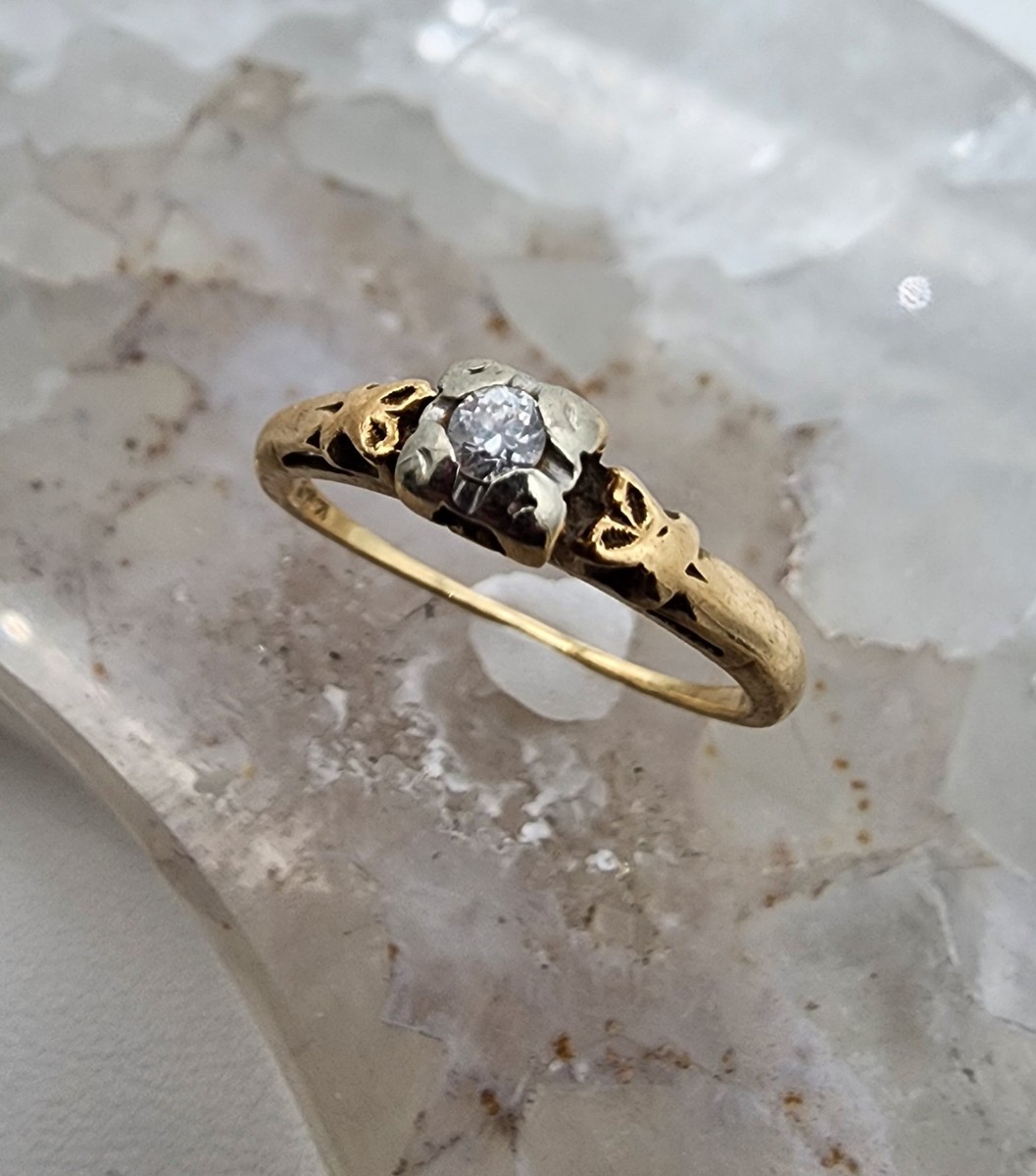 【専用】ユニーク 14k .585 Gold 1940s Diamond .04 ct Retro Solitaire Sz 5.5