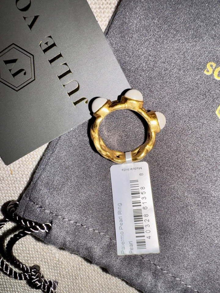 Anillo Julie Vos 3 Tres Perlas Placa Oro 24k Talla 7 Hermoso NUEVO Con Etiqueta NUEVO CON ETIQUETAS NUEVO Foto 3 de 4