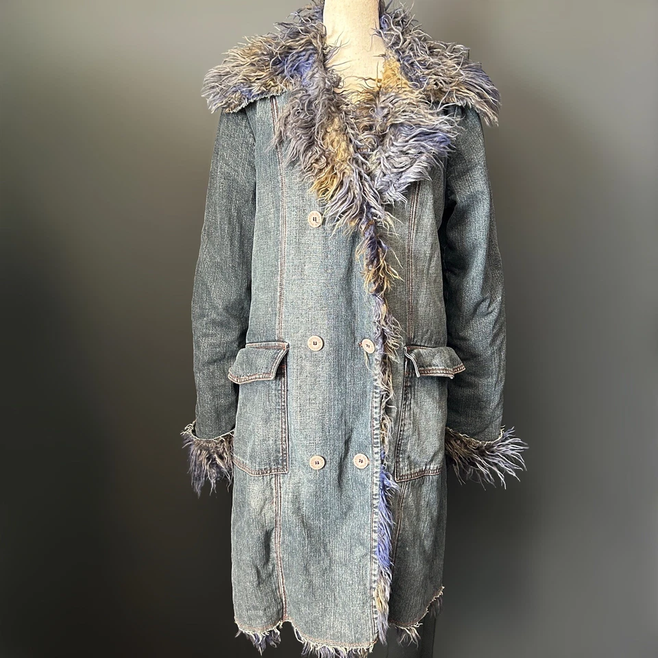 Vintage 90s Y2k Penny Lane Afghan Coat Denim Fur Trim Blue Trench Whimsigoth - Image 3 of 4