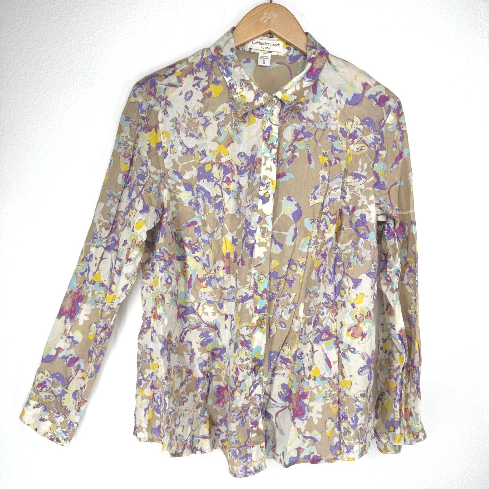 Coldwater Creek Floral Button Shirt XL Purple Cotton Office Lightweight Artsy