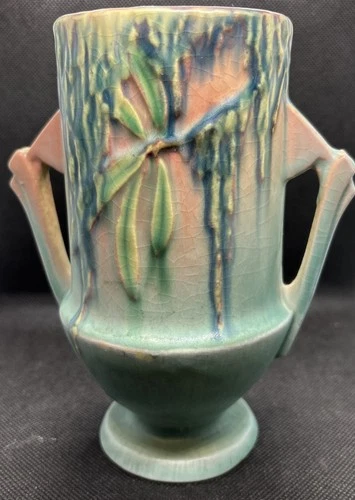 Vintage Roseville Moss 774-6 Double Handled Vase Pink To Blue Green 1930’s