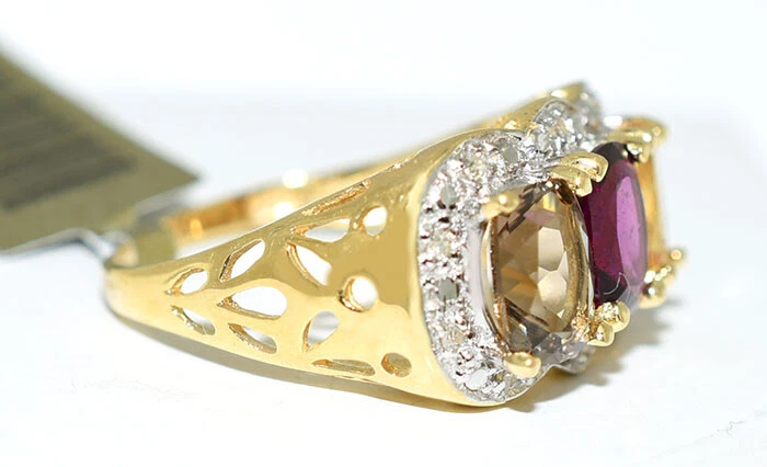 ANILLO TOPACIO AMARILLO GENUINO, AMATISTA, TOPACIO AHUMADO Y DIAMANTES ORO 10K * NUEVO CON ETIQUETAS * Foto 3 de 4