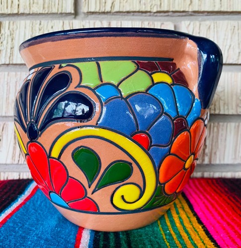 Lg MEXICAN TALAVERA Folk Art POTTERY FLOWER POT PLANTER CERAMIC #21 - Picture 3 of 11