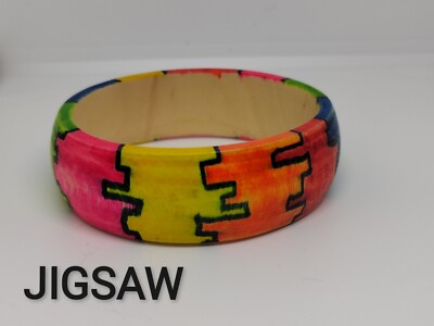 Holz Armreif Handarbeit Armband bunt Unikat Geschenk Jigsaw UV reflektierend