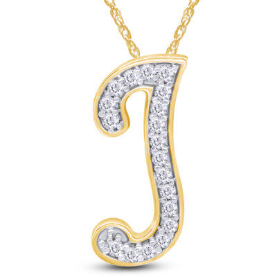 1/7 Ct Real Diamond ''J'' Initial Pendant in 14K Yellow Gold Plated 18'' Chain