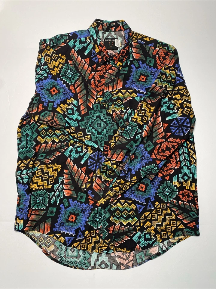Винтажная мужская рубашка вестерн Frontier Series Aztec AOP XL 90-е черная на пуговицах - Изображение 3 из 4
