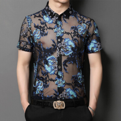 Herren Blumenmuster Netz Hemd Kurzarm Bluse Oberteil Transparent Slim Party Schausteller