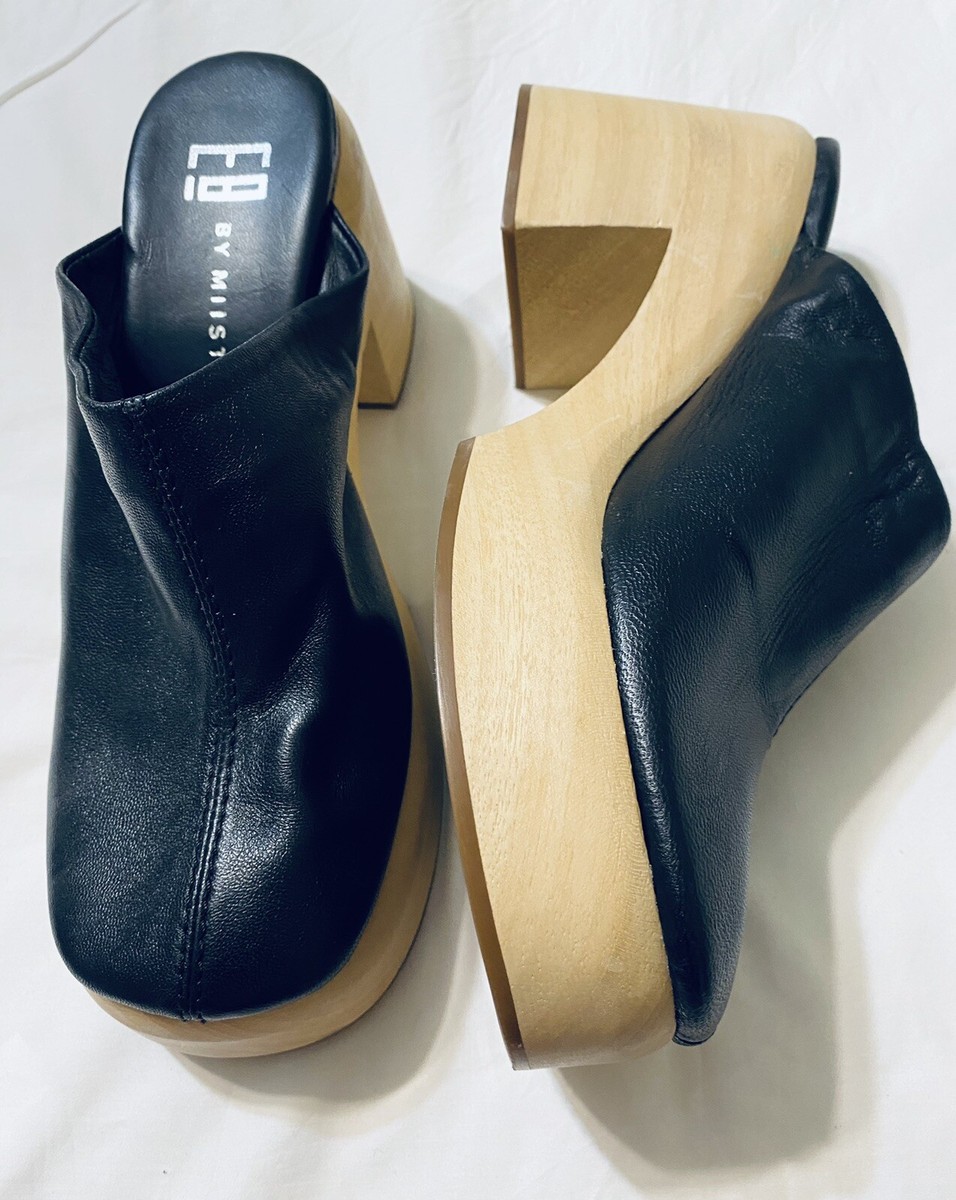 【美品】E8 by Miista エナメルプラットフォーム〈定価36,300円〉 E8 By Miista Black Soft Leather Mule Wooden Heel & Platform