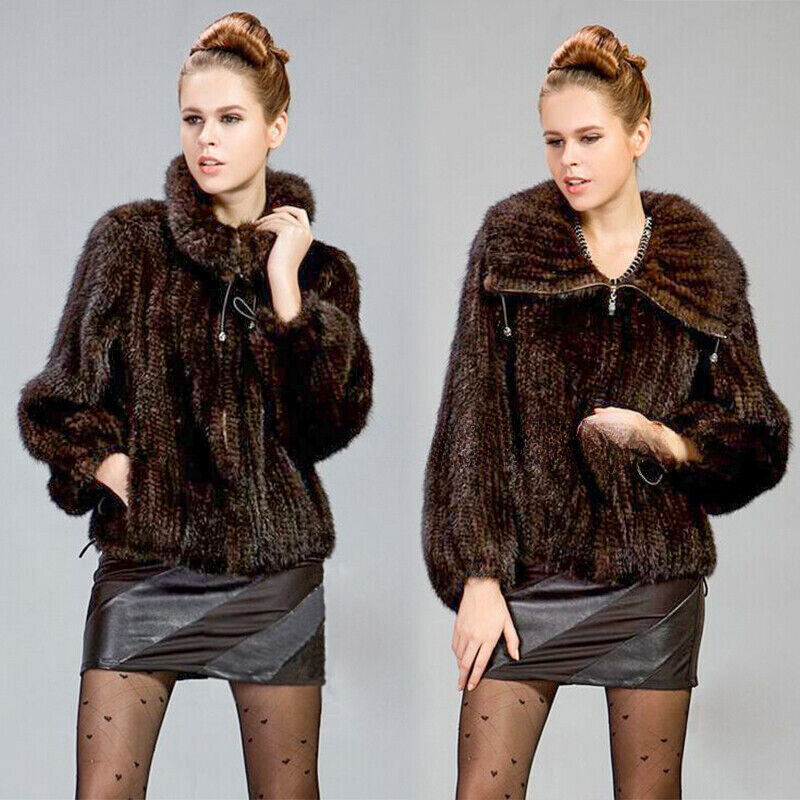 Womens 100% Real Genuine Knitted Mink Fur Coat Casual Zip Jacket Outwear Winter