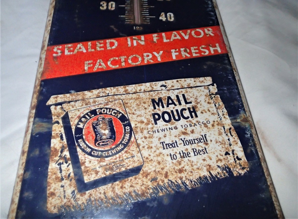 ANTIQUE USA MAIL POUCH TOBACCO THERMOMETER CIGARETTES METAL TIN