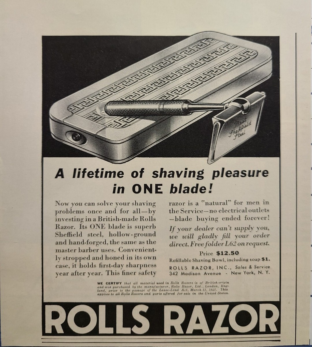 Vintage Print Ad 1942 WWII Rolls Razor Superb Best Sheffield Steel 