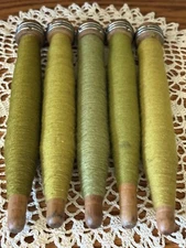 5 Vintage Antique Wooden Textile Mill 9” Green Threaded Spool Spindles GERMANY