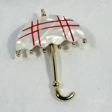 Vintage Faux Mother of Pearl Gold Tone Umbrella Pin Red Stripe White 2"