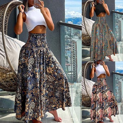 Women's High Elastic Waist Floral BOHO Gypsy Maxi Skirts Summer Beach Dress  | eBay