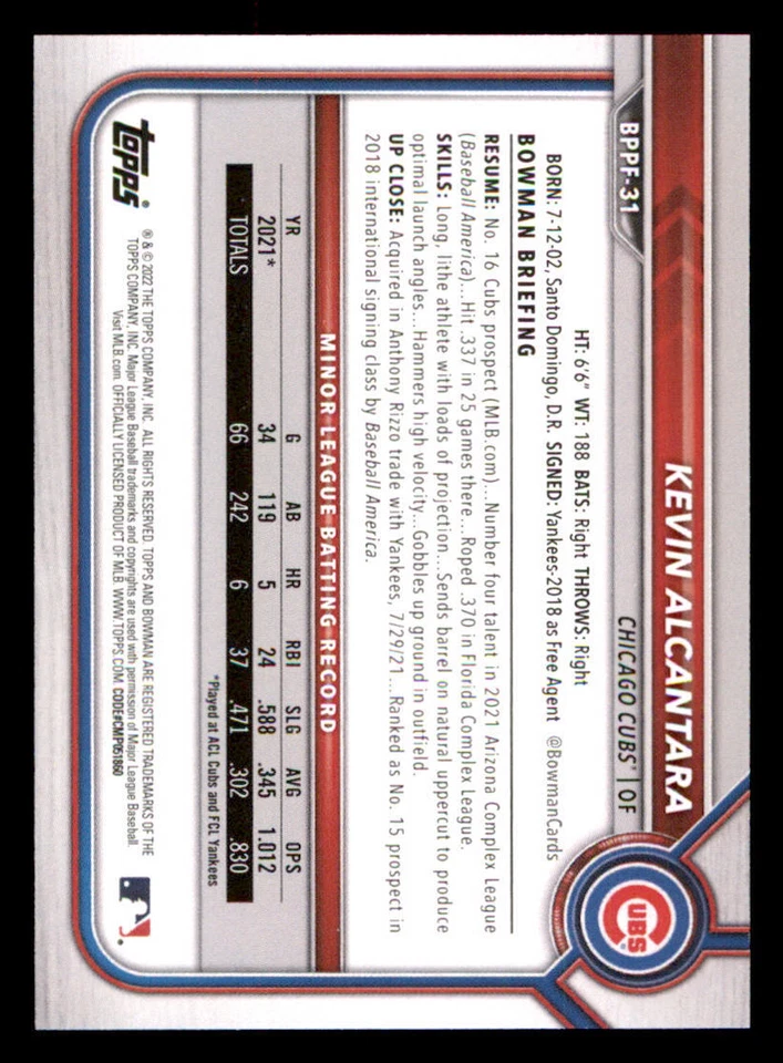2022 Bowman 1st Edition #BPPF31 Kevin Alcantara - Image 2 of 2