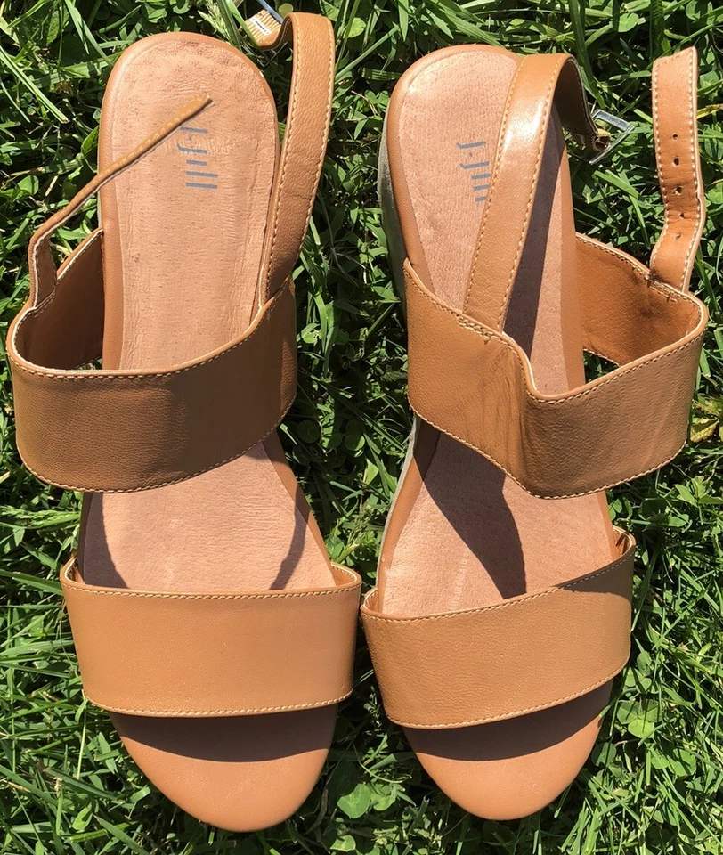 J Jill Leather Sandals Size 7.5 M Tan Wedge Two Straps Open Toe Sling Back Cute! - Image 4 of 4