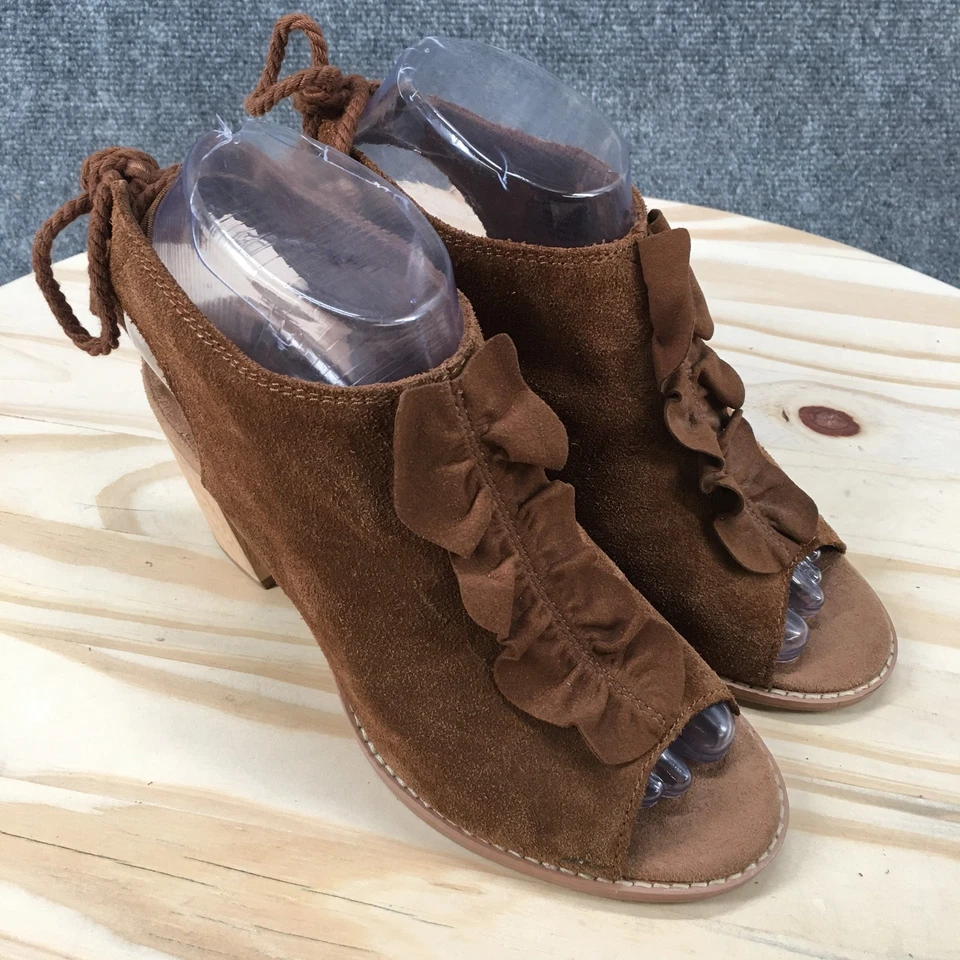 Sandalias Toms para mujer 6,5 Elba botín con volantes con cordones de cuero marrón tacones en bloque Foto 3 de 4