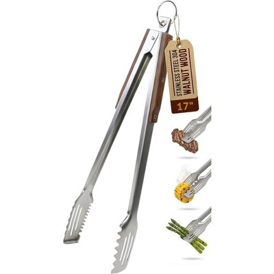 17-Inch Grill Tongs, 304 Stainless Steel BBQ Tongs with Walnut Handle