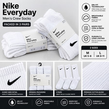 Nike Everyday Men’s Socks 3 Pack White Dri-FIT Cotton Cushioned Crew UK 5-8 8-11