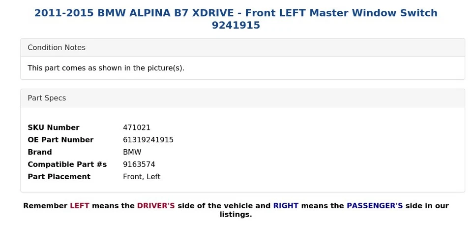 BMW ALPINA B7 XDRIVE 2011-2015 - Interruptor de ventana principal delantero izquierdo 9241915 Foto 4 de 4