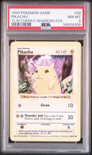 PSA 8 POKEMON ENGLISH SHADOWLESS PIKACHU 58/102 BASE SET 1999 452