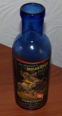 ANTIKE GROSSE KOBALT PILLENFLASCHE - SCHÖNES BILD INDISCHES WURZELPILLEN ETIKETT