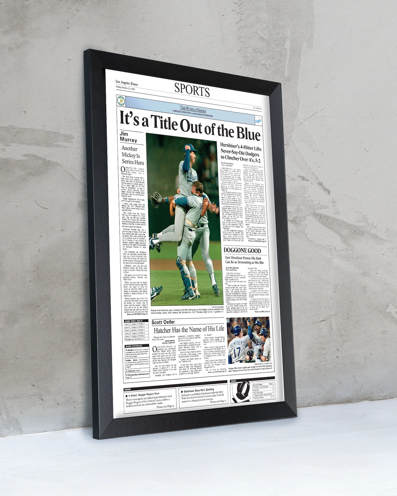 1988 Los Angeles Dodgers World Series Champions UnFramed Front Page Newspaper Prin