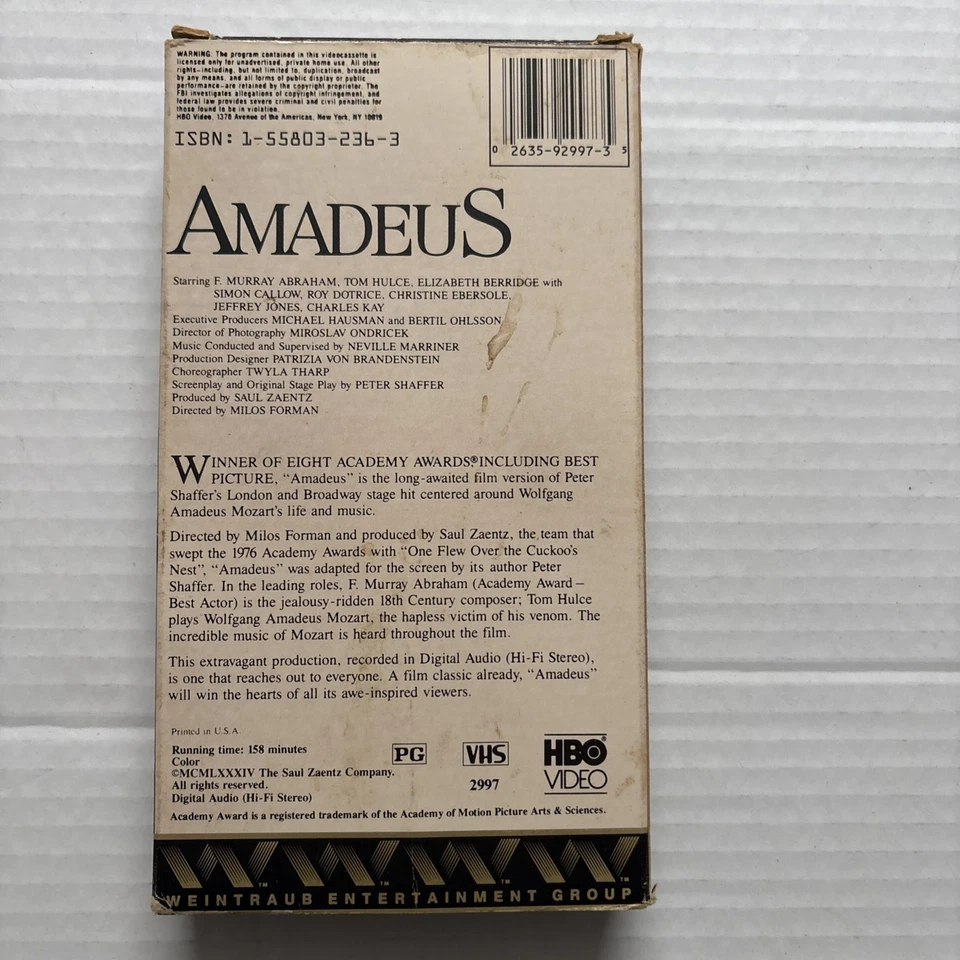 Amadeus (VHS, 1984) HBO видео, Вольфганг Моцарт, классика, биография, история - Изображение 2 из 4