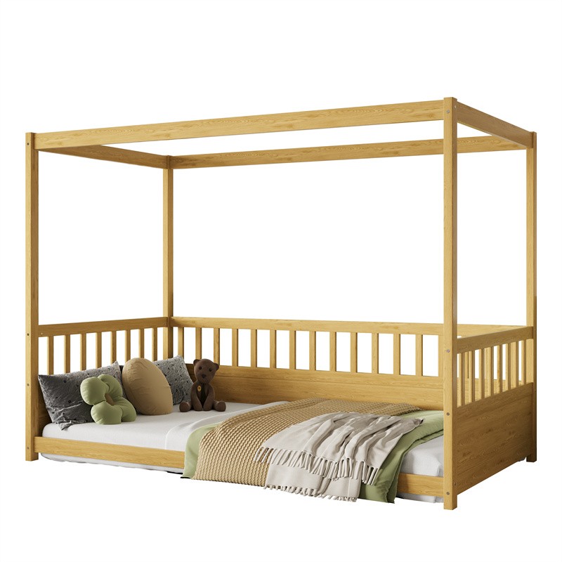 Bed Frame W/guardrails Wood Montessori Floor Bed For Girls B