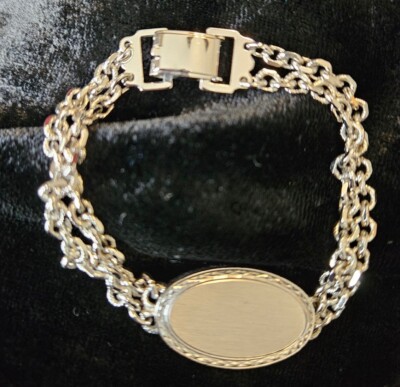 Vintage Speidel Two Chain Silver Tone Metal 7'' Bracelet  Engraveable Oval NWOT