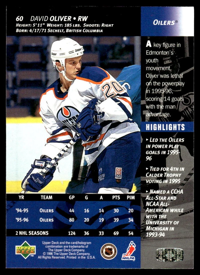 1996-97 Upper Deck #60 David Oliver Edmonton Oilers Hockey Card - Image 2 of 2