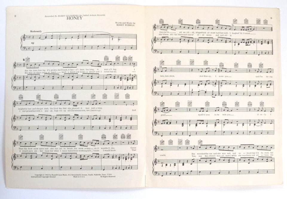 HONEY - Words and Music by Bobby Russell Recorded by Bobby Goldsboro Sheet Music - Image 2 of 3