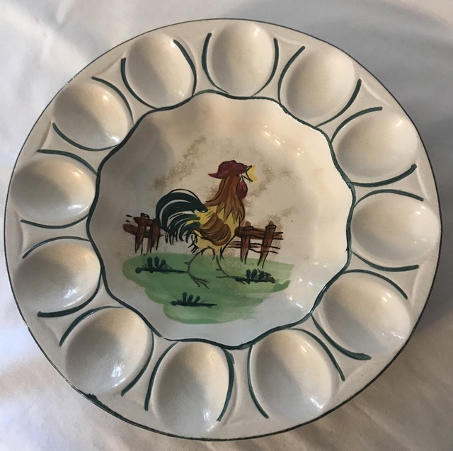 VINTAGE CERAMIC DEVILED EGG PLATE BOWL 12 SLOTS FOR EGGS, COUNTRY