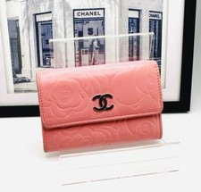 CHANEL Camellia Coco Mark Pink Lambskin Quilted Card Holder Wallet. Free Ship.
